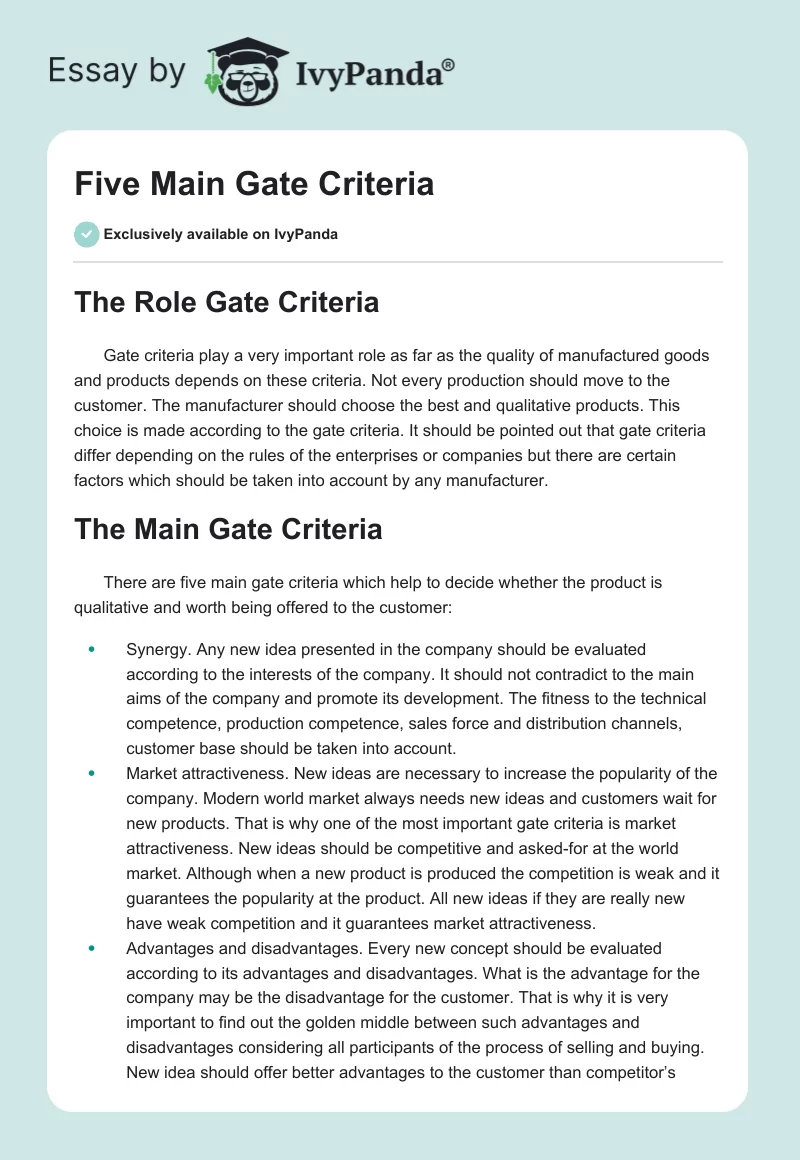 Five Main Gate Criteria. Page 1