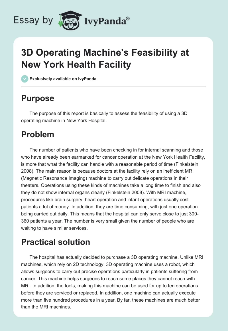 3D Operating Machine's Feasibility at New York Health Facility. Page 1