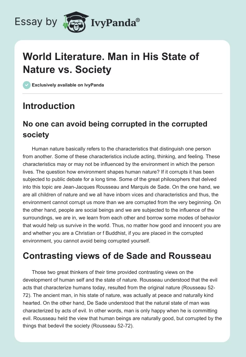 World Literature. Man in His State of Nature vs. Society. Page 1