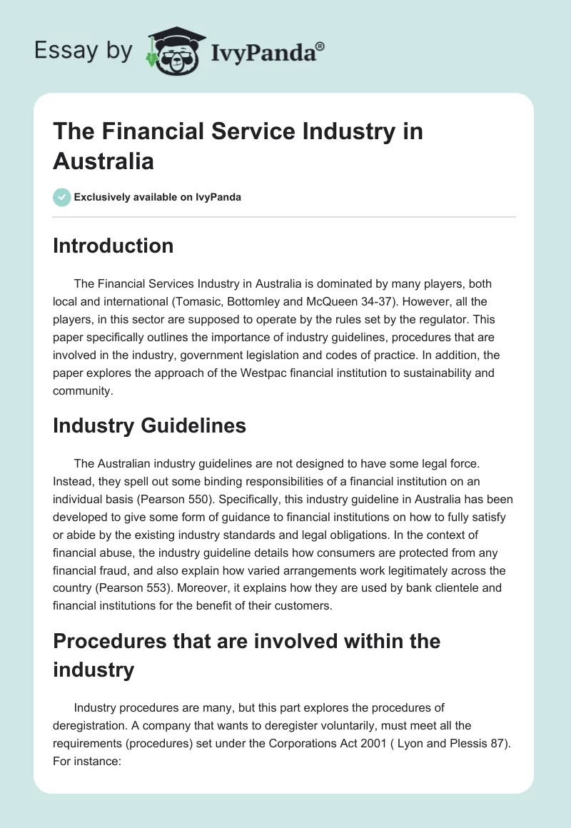 The Financial Service Industry in Australia. Page 1