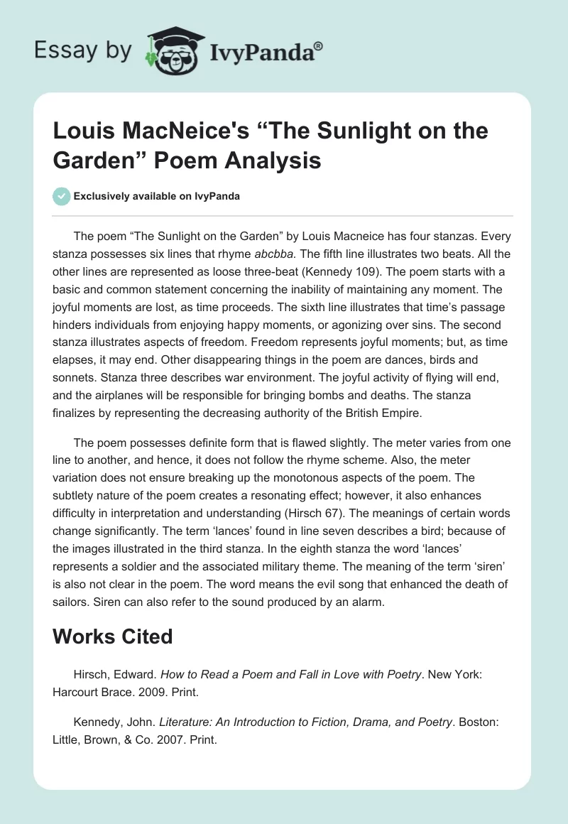 Louis MacNeice's “The Sunlight on the Garden” Poem Analysis. Page 1