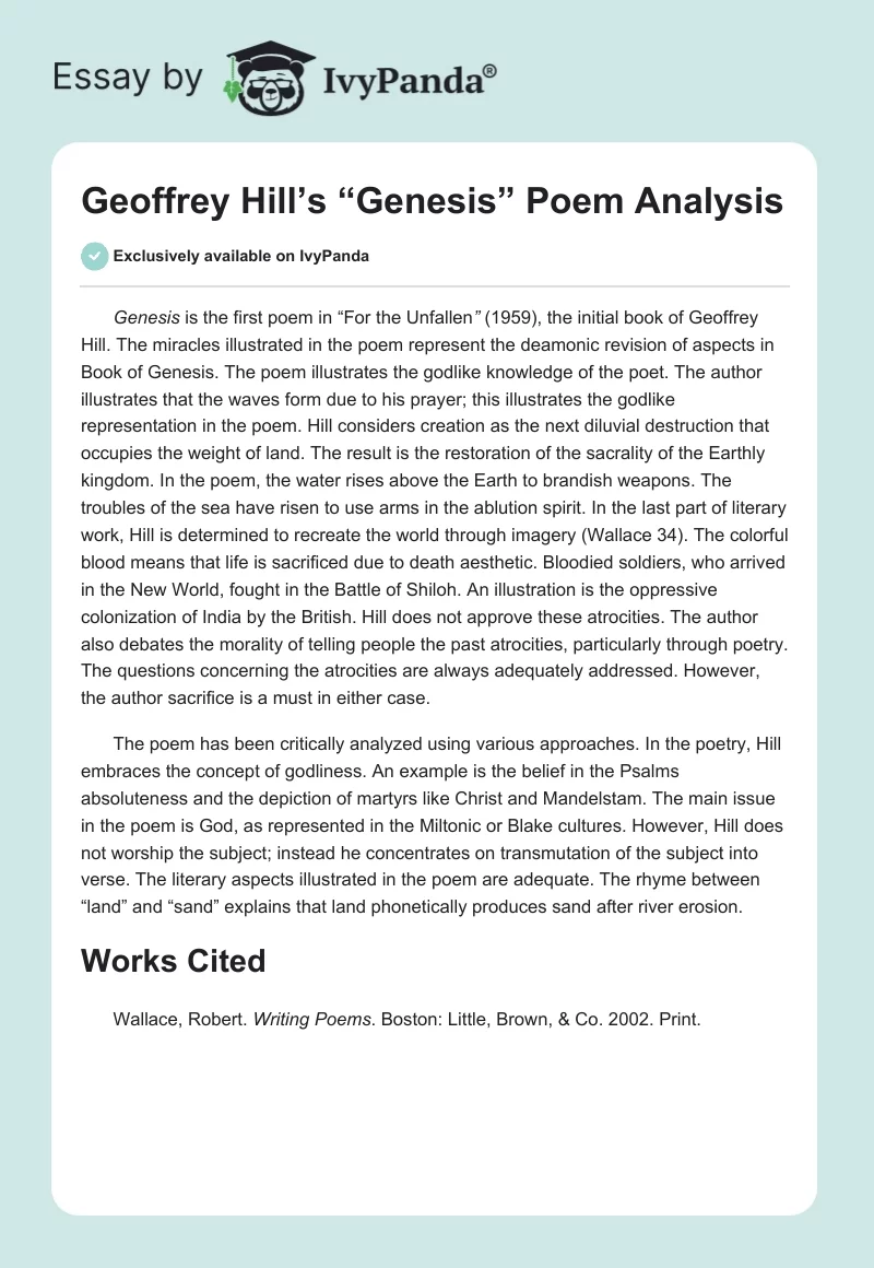 Geoffrey Hill’s “Genesis” Poem Analysis. Page 1
