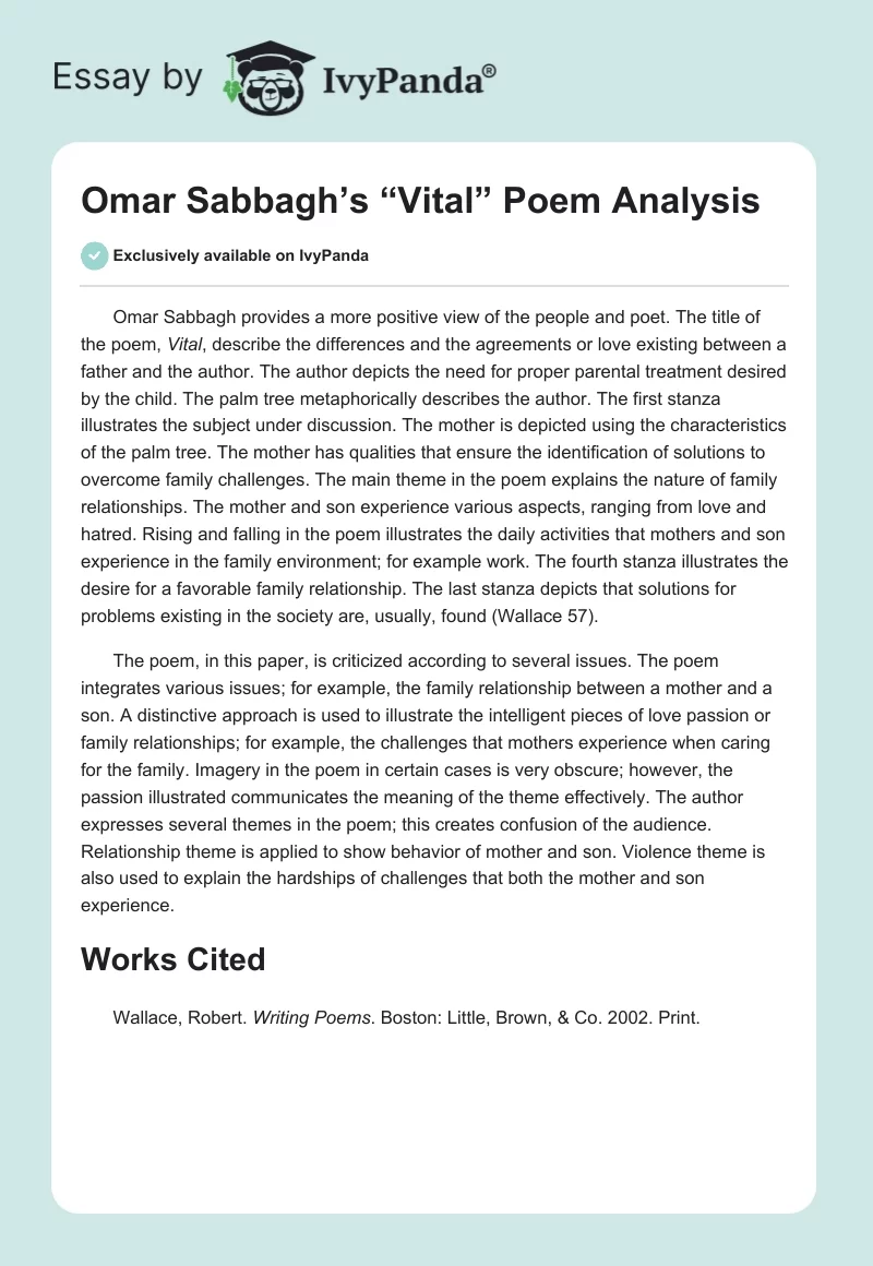 Omar Sabbagh’s “Vital” Poem Analysis. Page 1