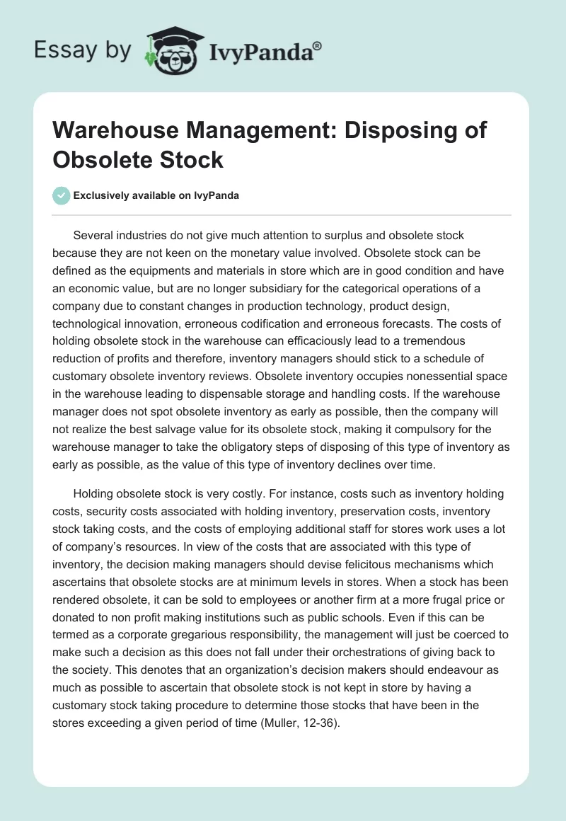Warehouse Management: Disposing of Obsolete Stock. Page 1