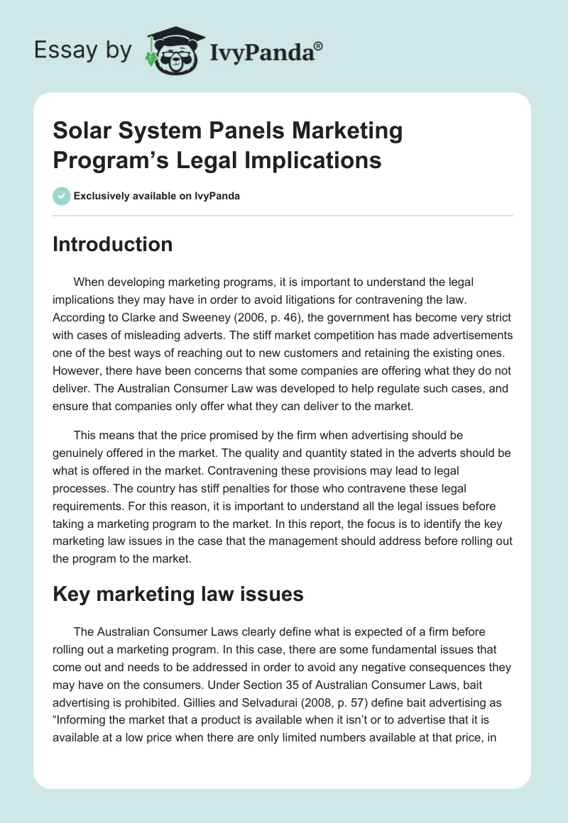 Solar System Panels Marketing Program’s Legal Implications. Page 1
