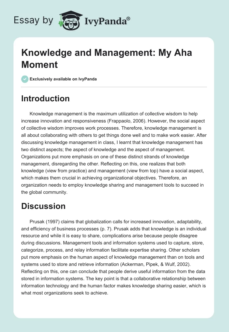 Knowledge and Management: My Aha Moment. Page 1
