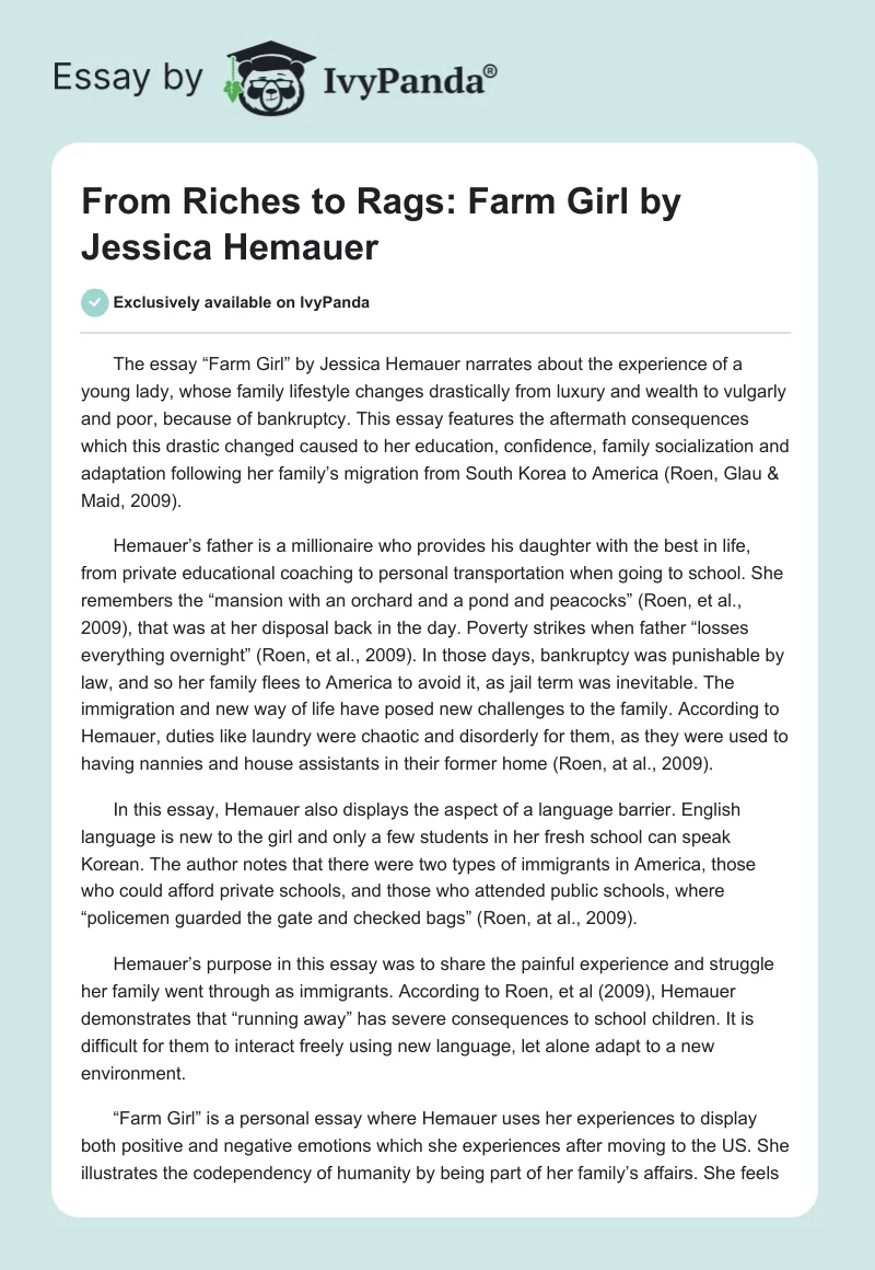 From Riches to Rags: "Farm Girl" by Jessica Hemauer. Page 1