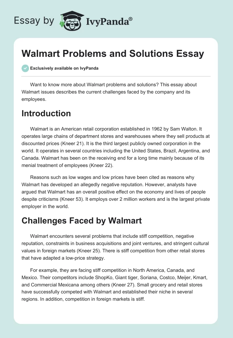 Walmart Problems and Solutions Essay - 1081 Words