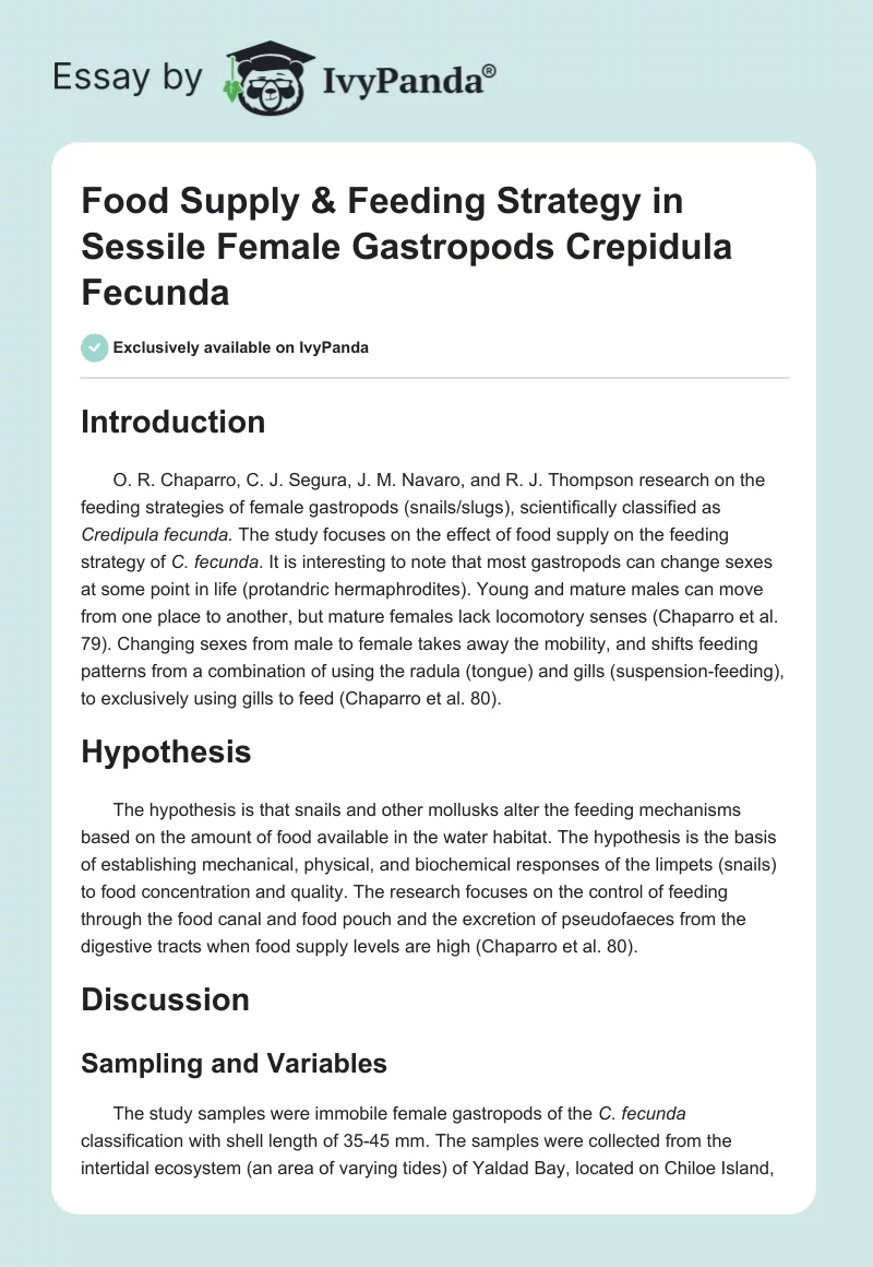 Food Supply & Feeding Strategy in Sessile Female Gastropods Crepidula Fecunda. Page 1