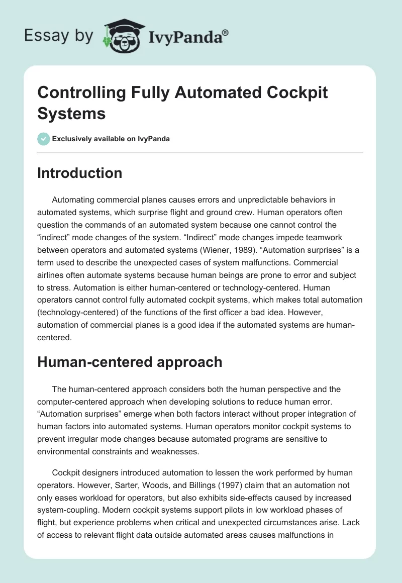 Controlling Fully Automated Cockpit Systems. Page 1