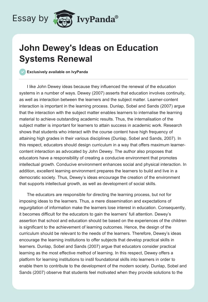 John Dewey's Ideas on Education Systems Renewal. Page 1