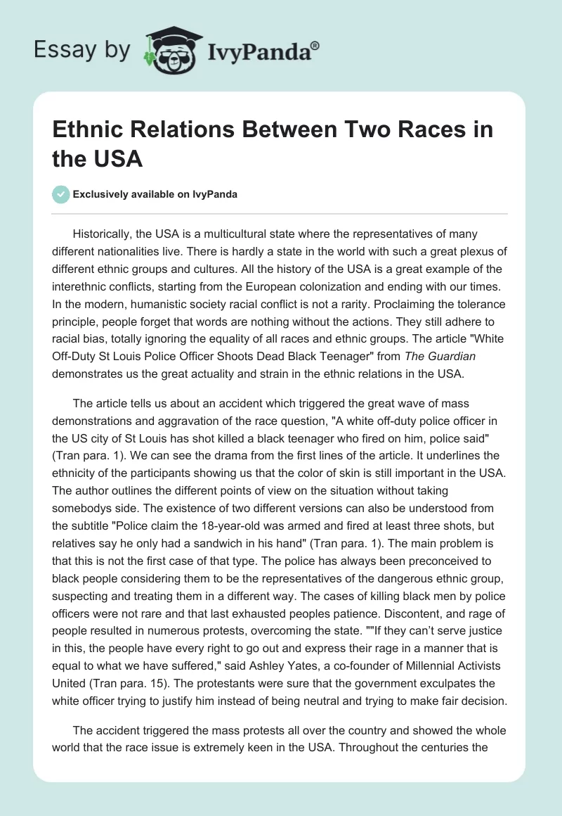 Ethnic Relations Between Two Races in the USA. Page 1