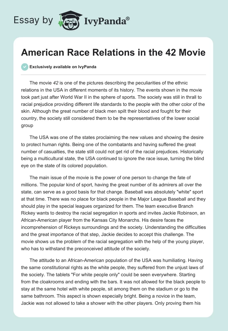 American Race Relations in the "42" Movie. Page 1