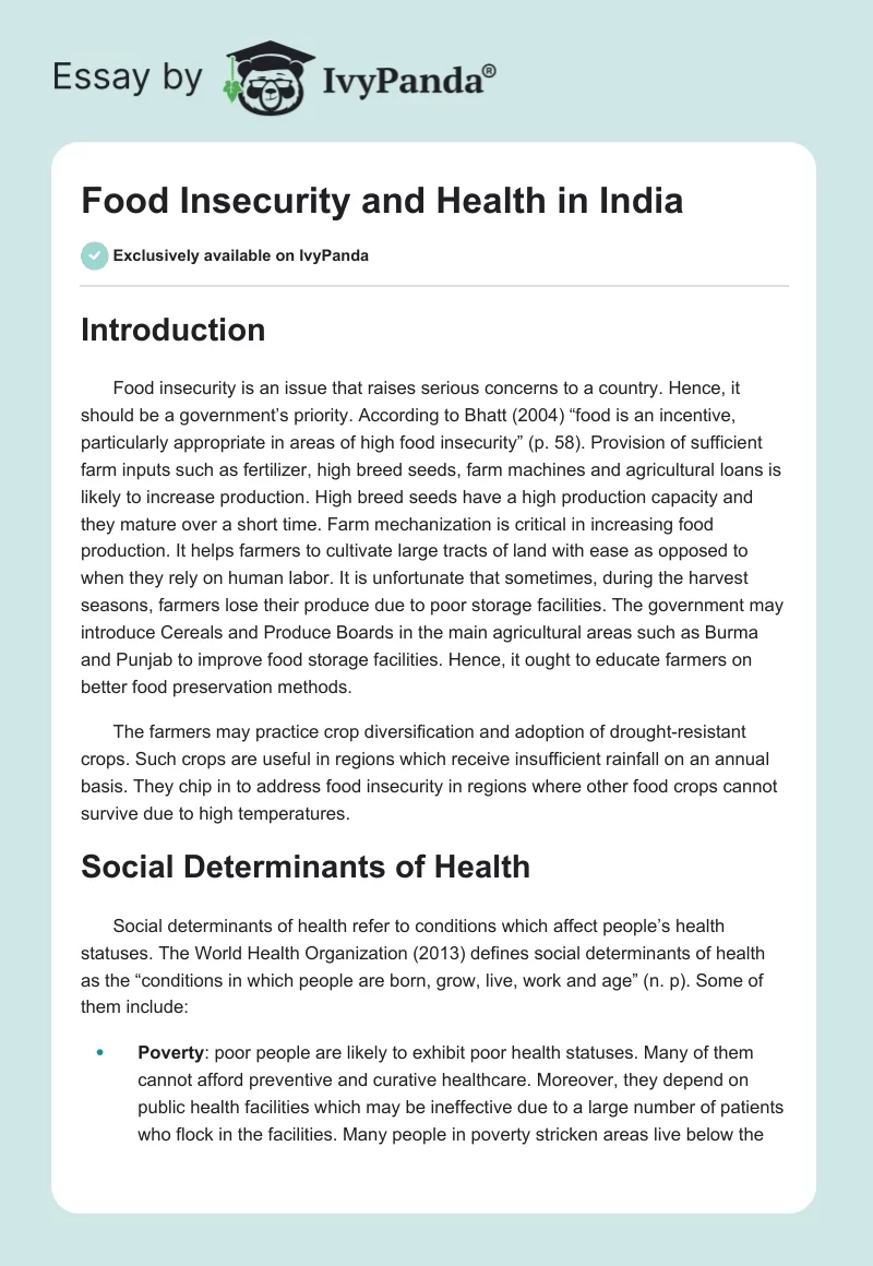 Food Insecurity and Health in India. Page 1
