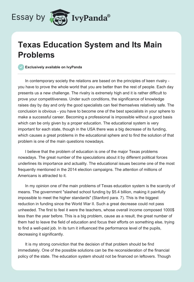 Texas Education System and Its Main Problems. Page 1