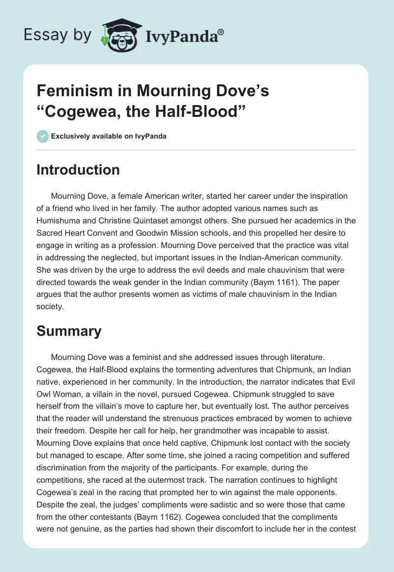 Feminism in Mourning Dove’s “Cogewea, the Half-Blood”. Page 1