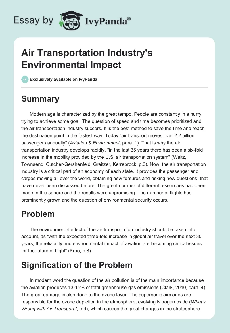 Air Transportation Industry's Environmental Impact. Page 1