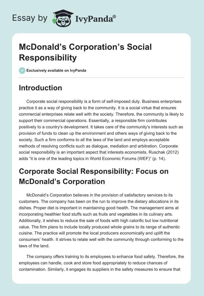McDonald’s Corporation’s Social Responsibility. Page 1