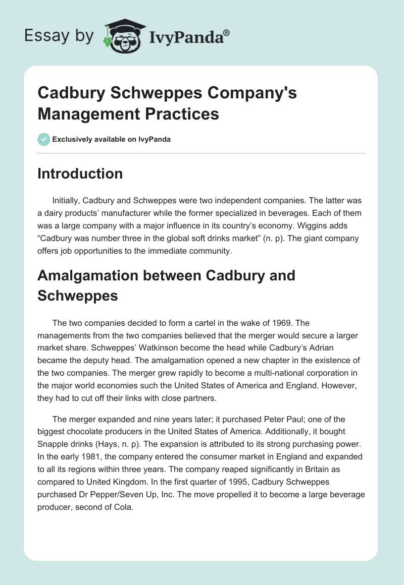 Cadbury Schweppes Company's Management Practices. Page 1
