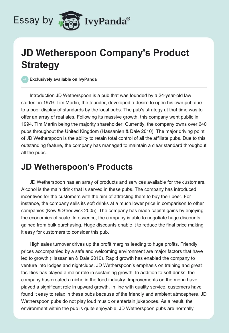 JD Wetherspoon Company's Product Strategy. Page 1