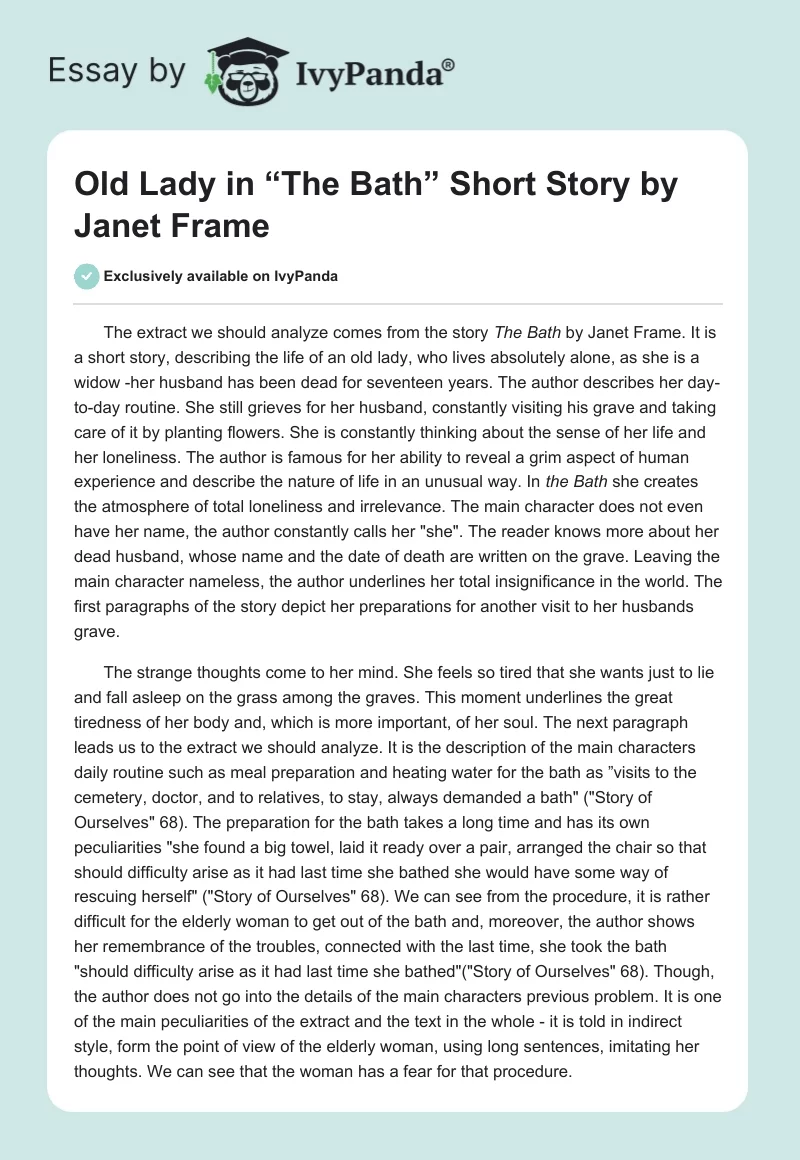 Old Lady in “The Bath” Short Story by Janet Frame. Page 1