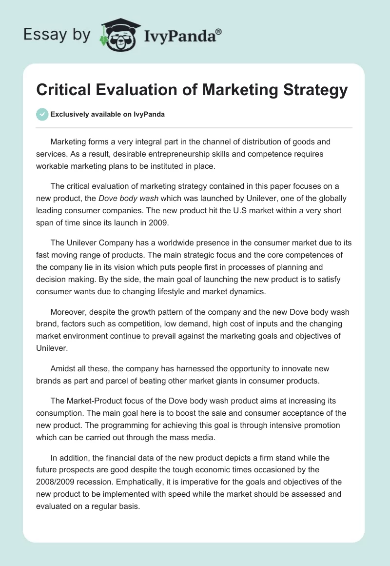 Critical Evaluation of Marketing Strategy. Page 1