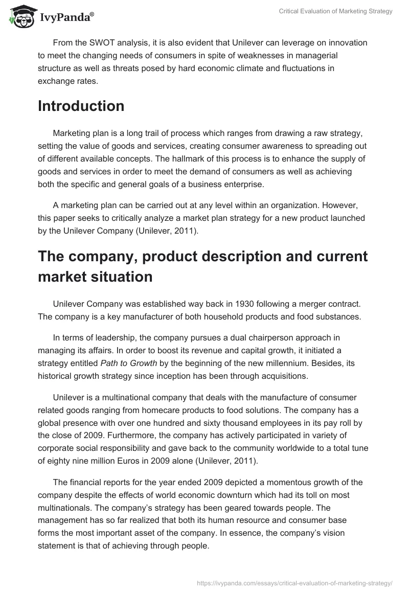 Critical Evaluation of Marketing Strategy. Page 2