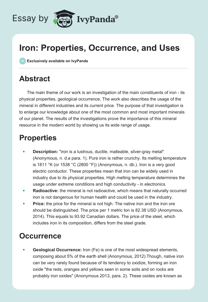 Iron: Properties, Occurrence, and Uses. Page 1