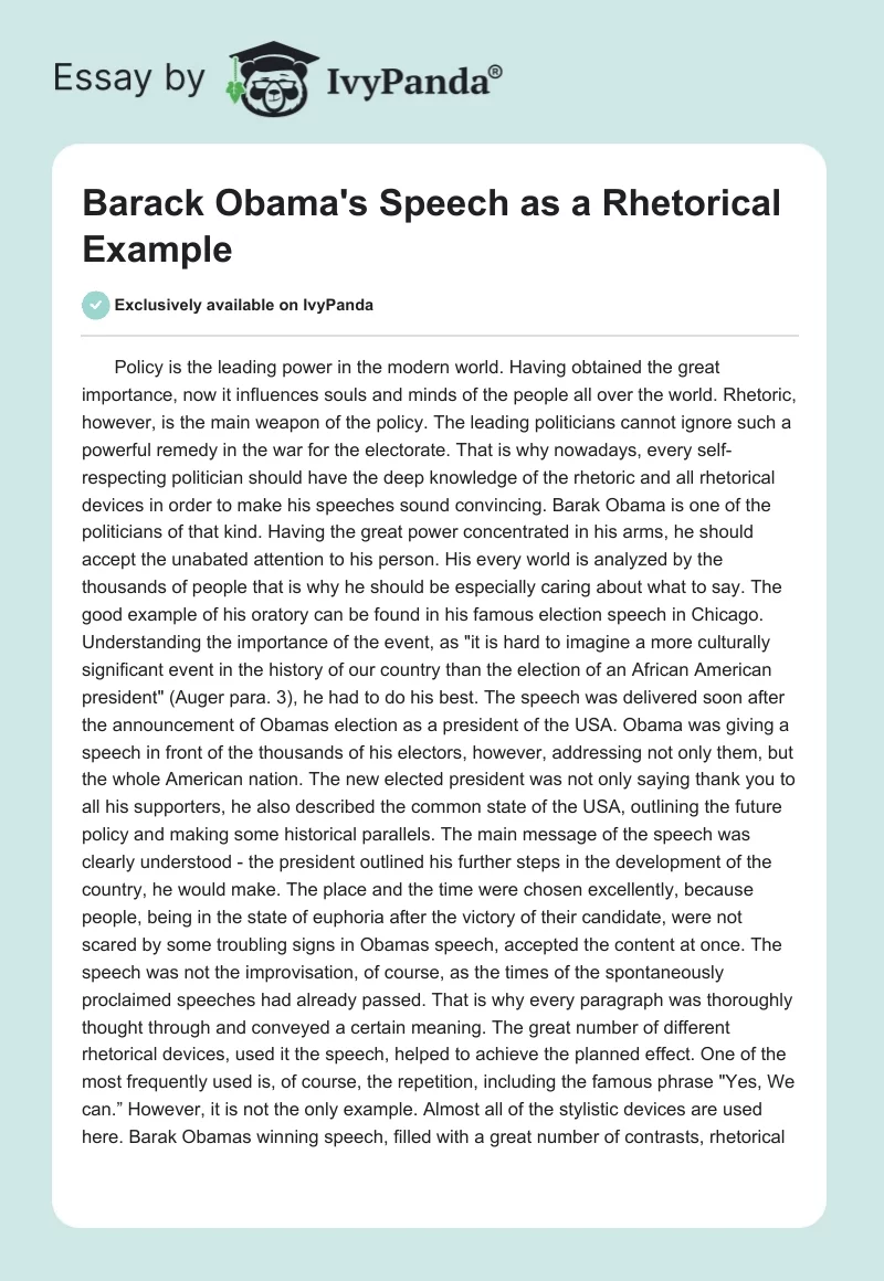 Barack Obama's Speech as a Rhetorical Example. Page 1