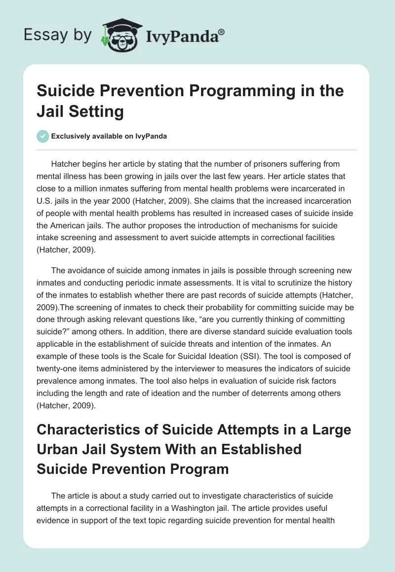 Suicide Prevention Programming in the Jail Setting. Page 1