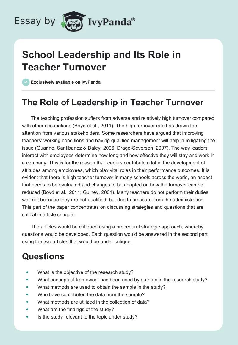 School Leadership and Its Role in Teacher Turnover. Page 1