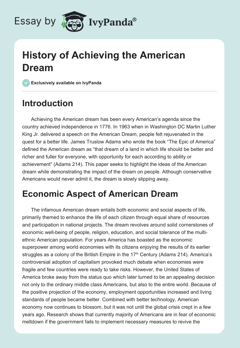 History of Achieving the American Dream. Page 1