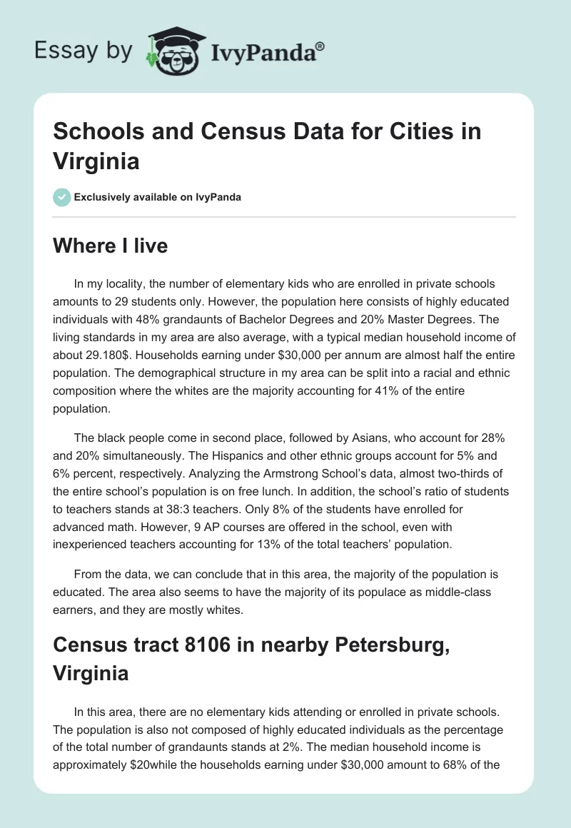 Schools and Census Data for Cities in Virginia. Page 1