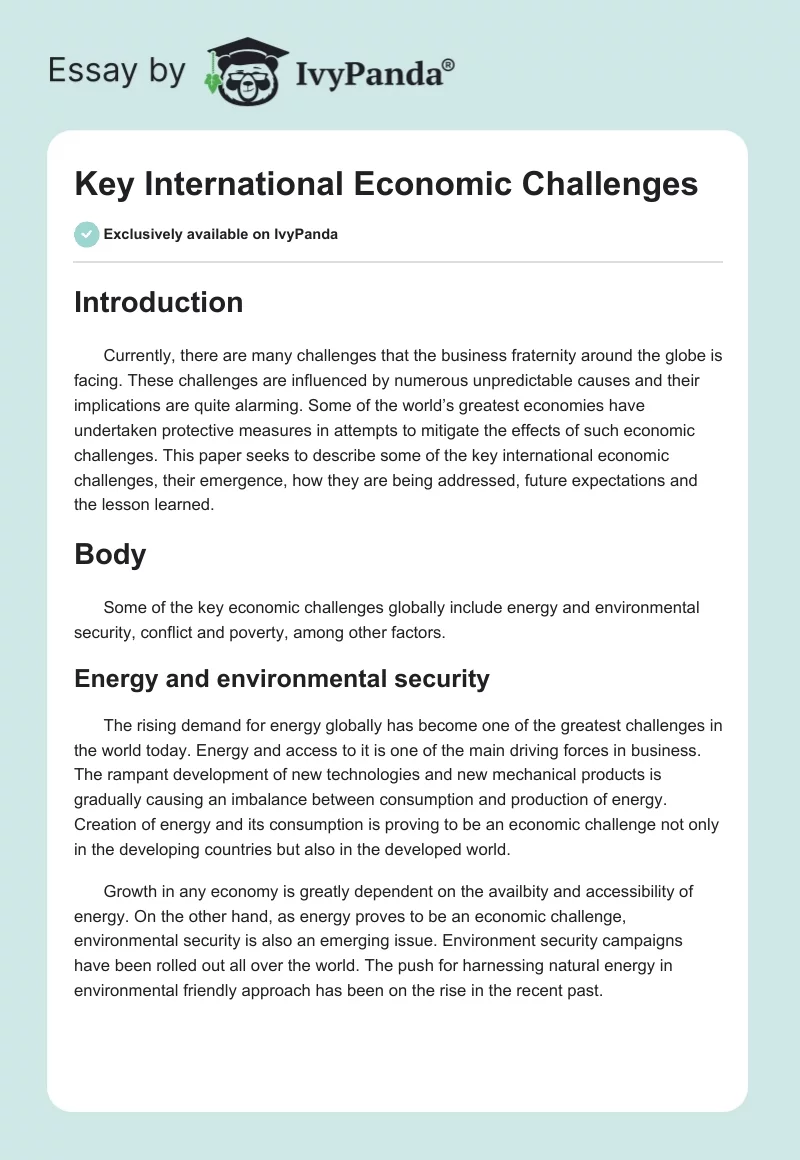 Key International Economic Challenges. Page 1