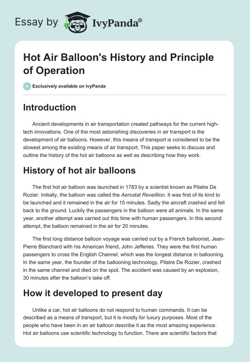 Hot Air Balloon's History and Principle of Operation. Page 1