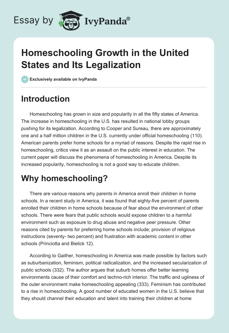 Homeschooling Growth in the United States and Its Legalization. Page 1