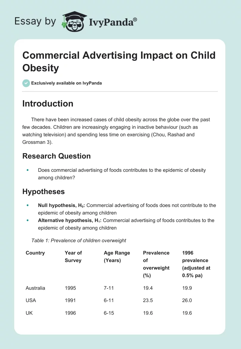 Commercial Advertising Impact on Child Obesity. Page 1
