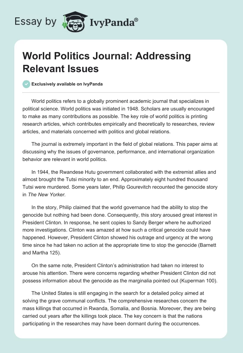 World Politics Journal: Addressing Relevant Issues. Page 1