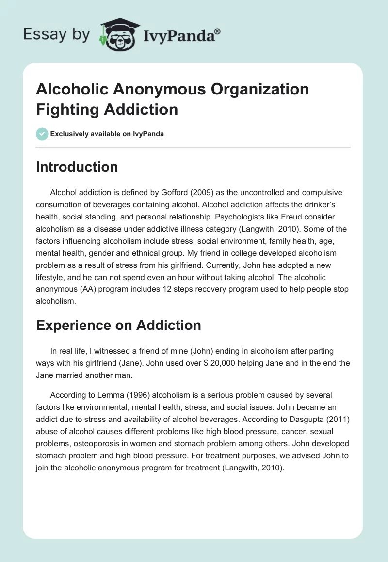 Alcoholic Anonymous Organization Fighting Addiction. Page 1