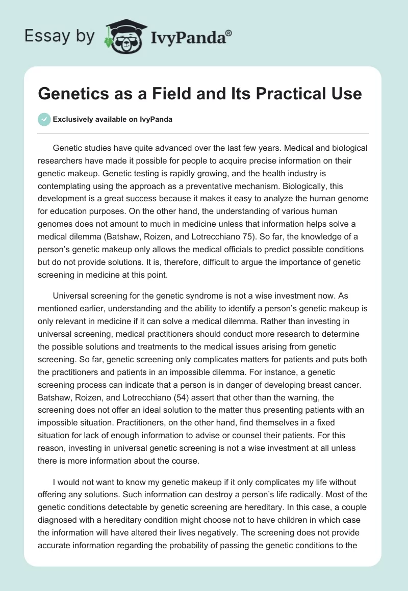 Genetics as a Field and Its Practical Use. Page 1