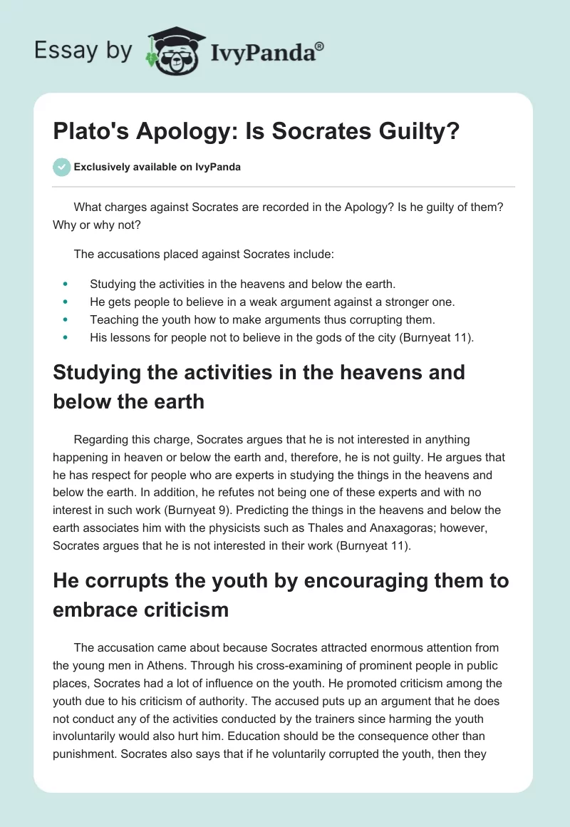 Plato's Apology: Is Socrates Guilty?. Page 1