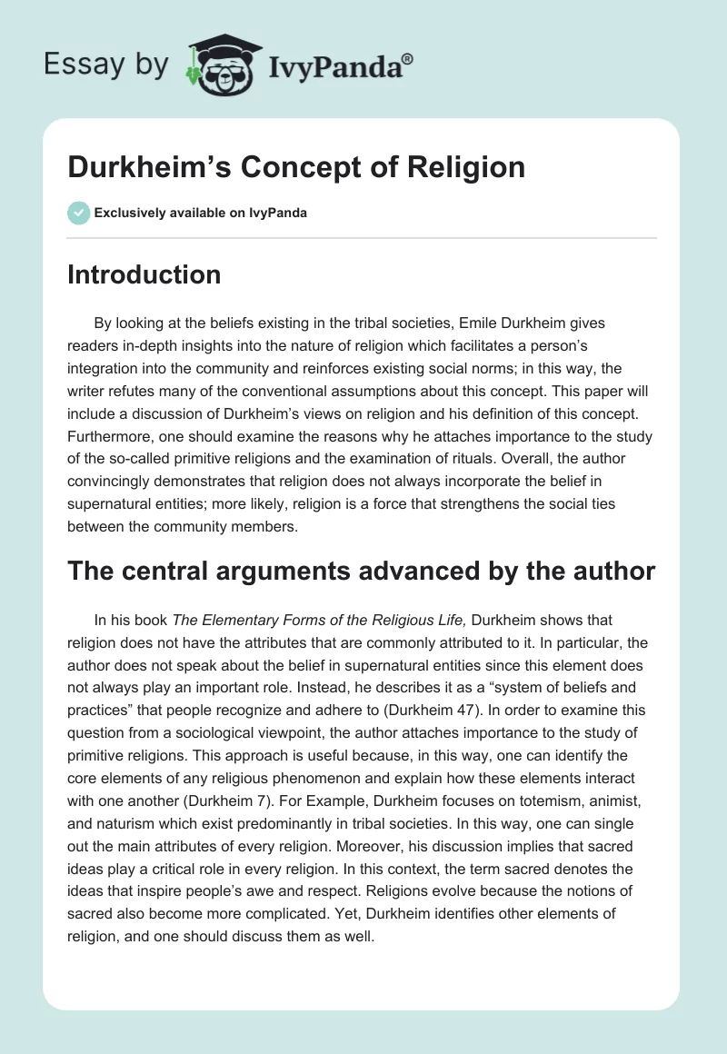 Religion Through Emile Durkheim’s Sociological Lens. Page 1
