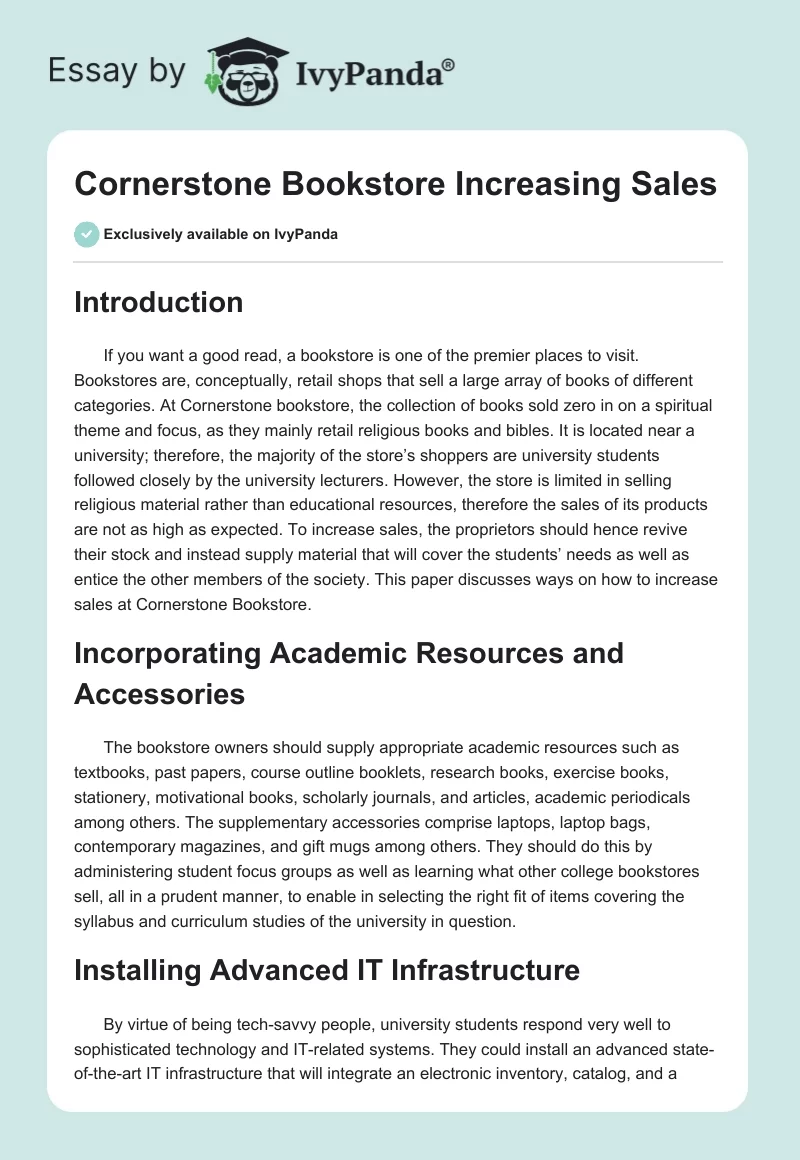 Cornerstone Bookstore Increasing Sales. Page 1