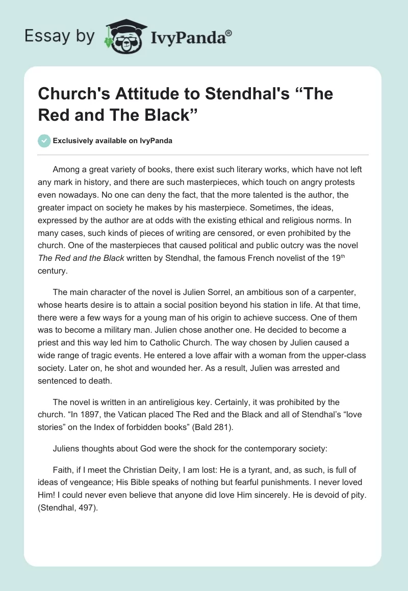 Church's Attitude to Stendhal's “The Red and The Black”. Page 1