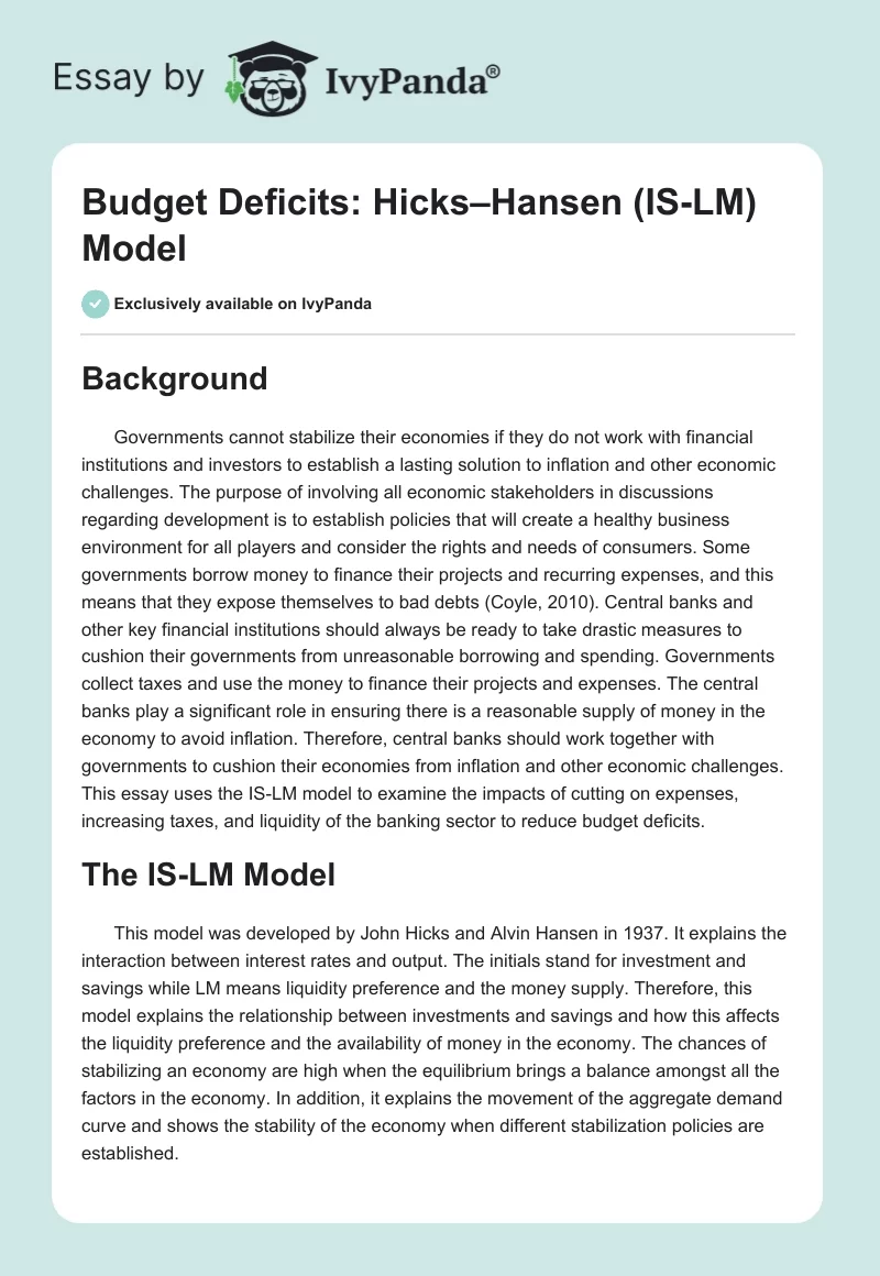 Budget Deficits: Hicks–Hansen (IS-LM) Model. Page 1