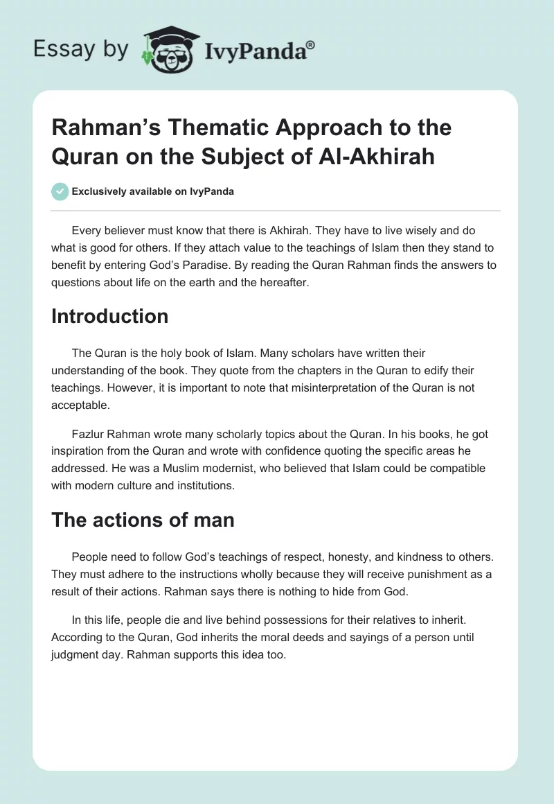 Rahman’s Thematic Approach to the Quran on the Subject of Al-Akhirah. Page 1