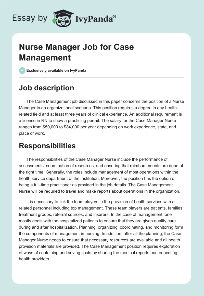 Nurse Manager Job for Case Management. Page 1