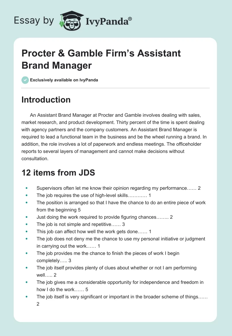 Procter & Gamble Firm’s Assistant Brand Manager. Page 1