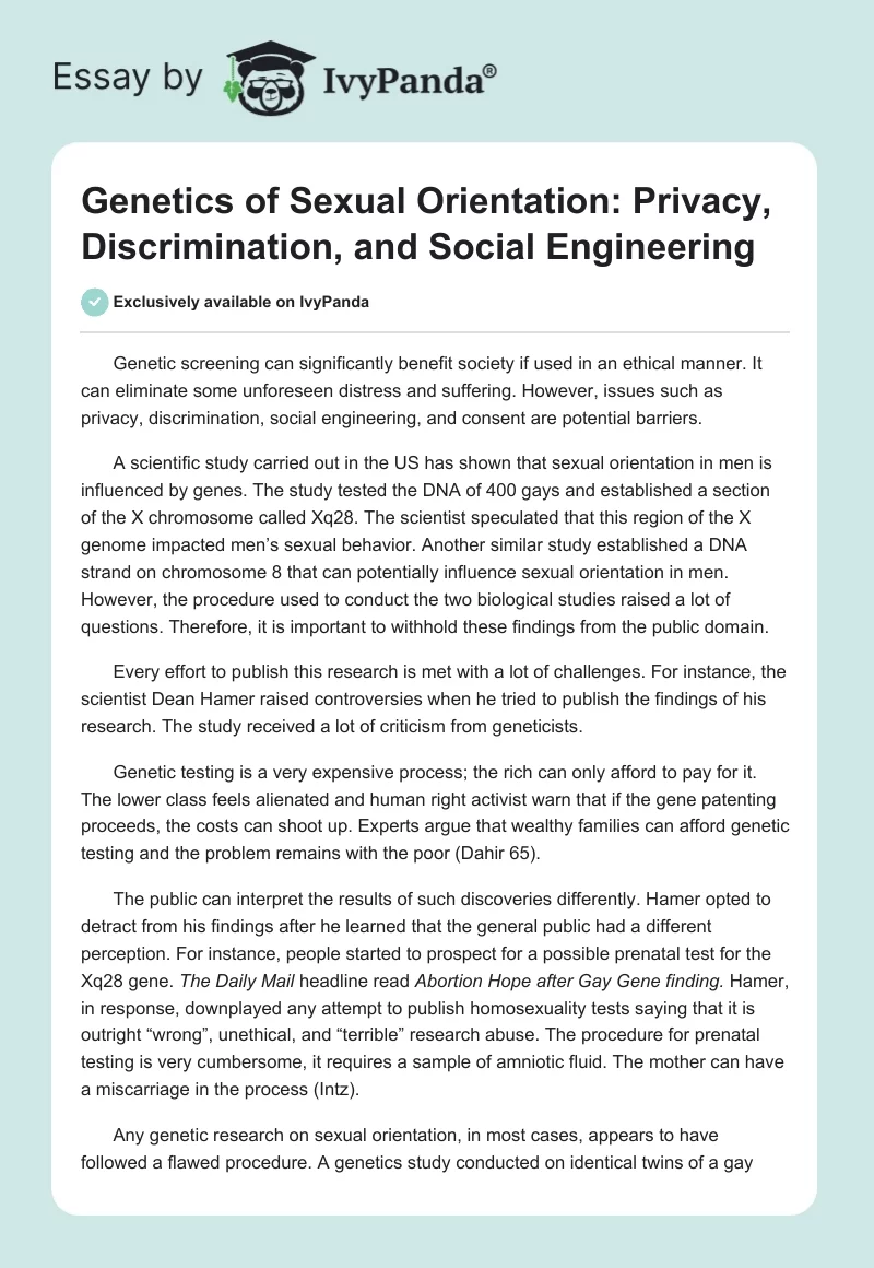 Genetics of Sexual Orientation: Privacy, Discrimination, and Social Engineering. Page 1