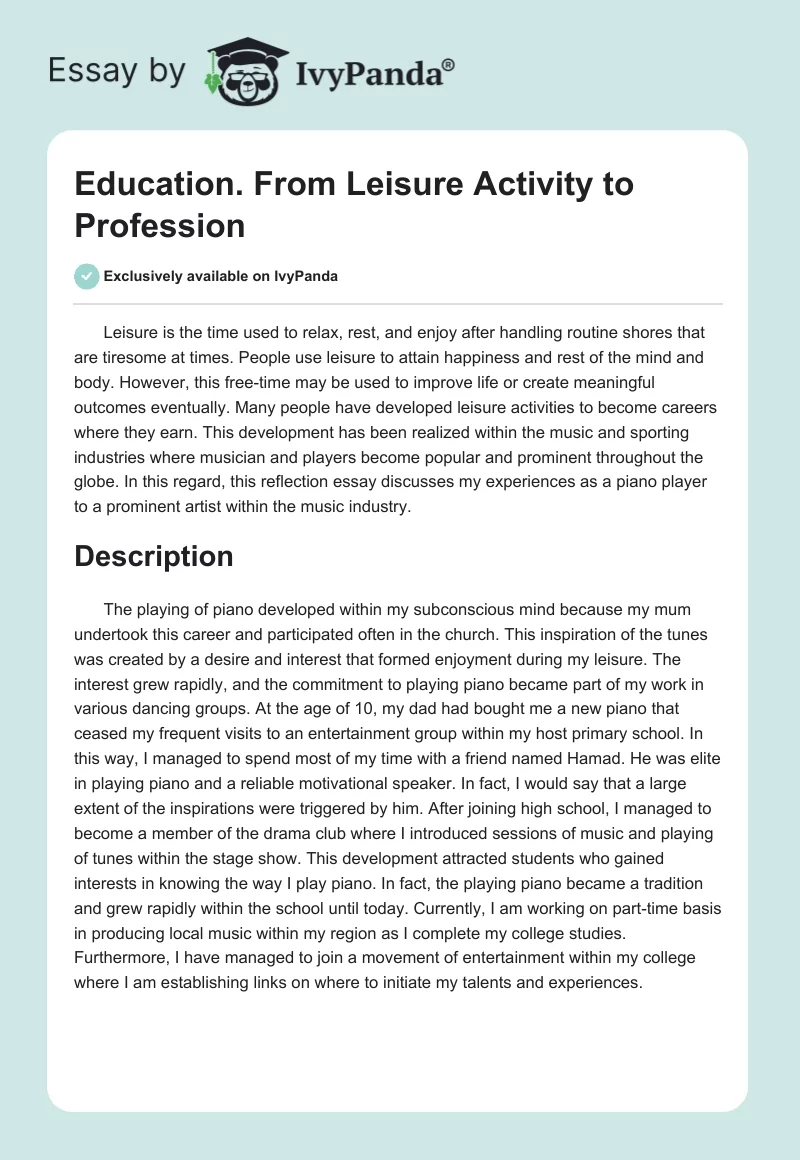 Education. From Leisure Activity to Profession. Page 1